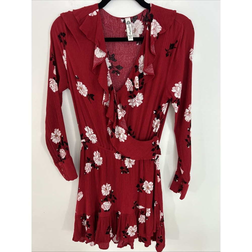 American Rag XSmall Dress Chili Pepper Floral Longsleeve Ripple Bottom V Neck